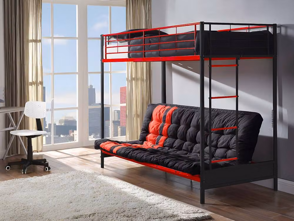 Vente-unique Single Loft Bed with Convertible Bench in Black and Red Metal – 3