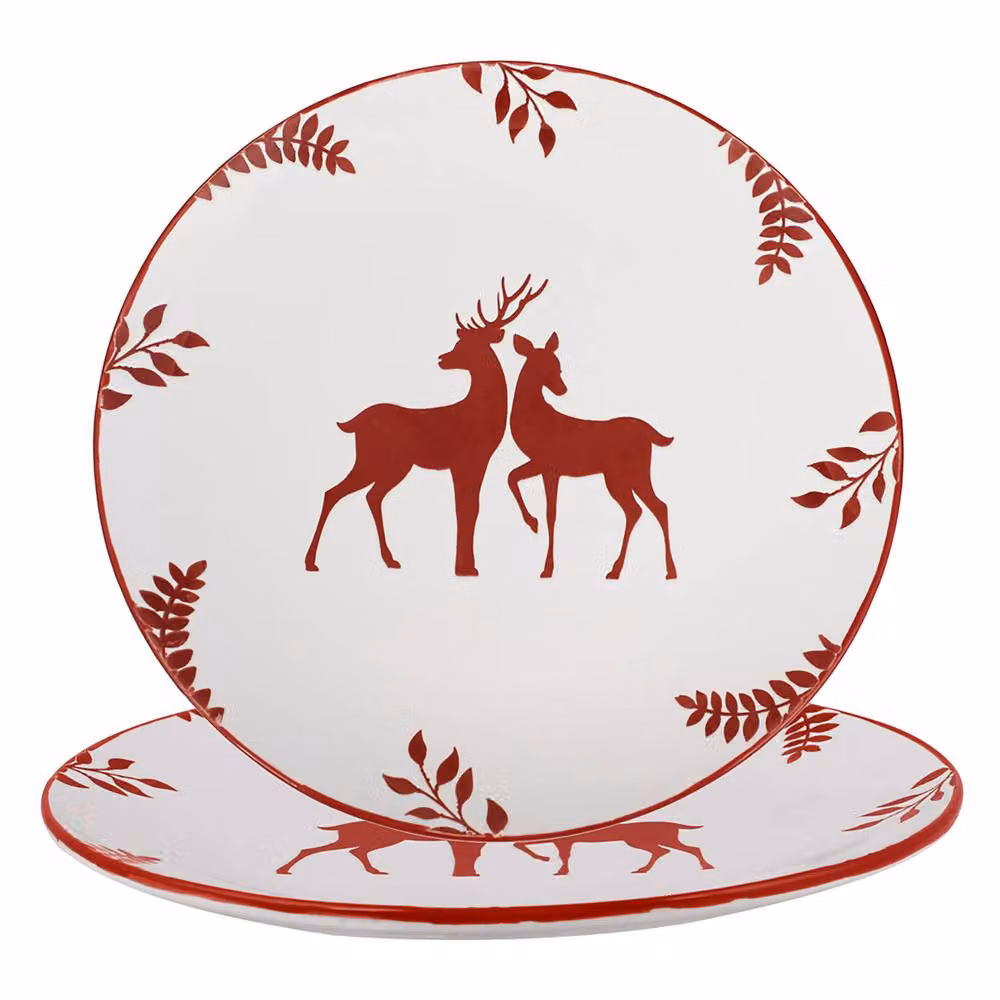 Dibor Set of 2 Cranberry Red Stag Christmas Dinner Plates, Ceramic, Diameter: 27 cm – 2