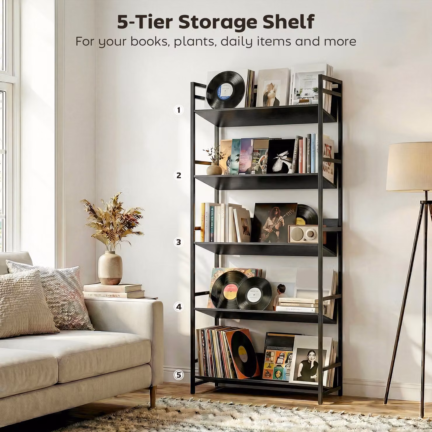 HOMCOM 5-Tier Industrial Metal Frame Bookshelf and Room Divider in Black – 5