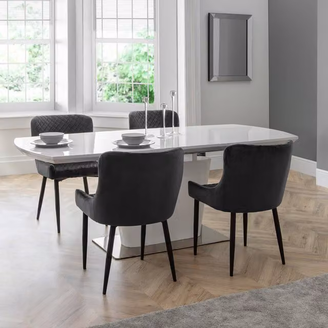 Julian Bowen Como White High Gloss Extendable Butterfly Leaf Dining Table and Grey Luxe Chairs Set