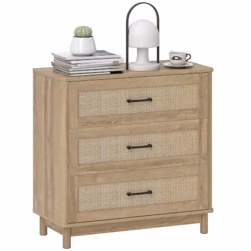 HOMCOM Bohemian Rattan 3 Drawer Chest of Drawers in Oak Brown