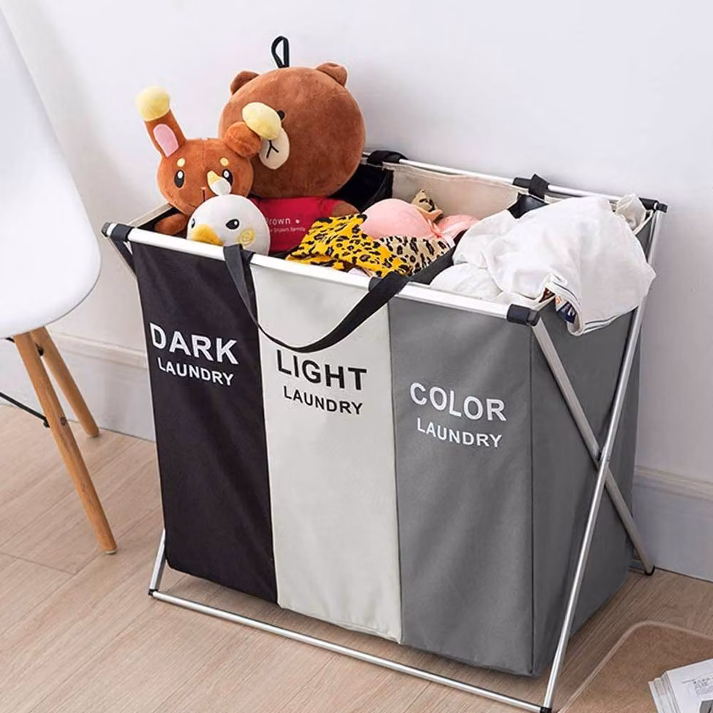 ExtraStar 3-Section Collapsible Fabric Laundry Basket with Handles, Multicolour – 3