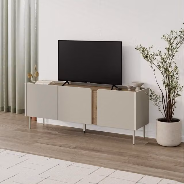 Decortie Modern TV Stand with Media Compartments in Sand, Grey and Beige