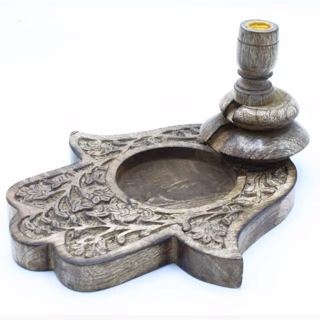 KDMD Large Mango Wood Backflow Burner with Hamsa Design in Beige and Brown