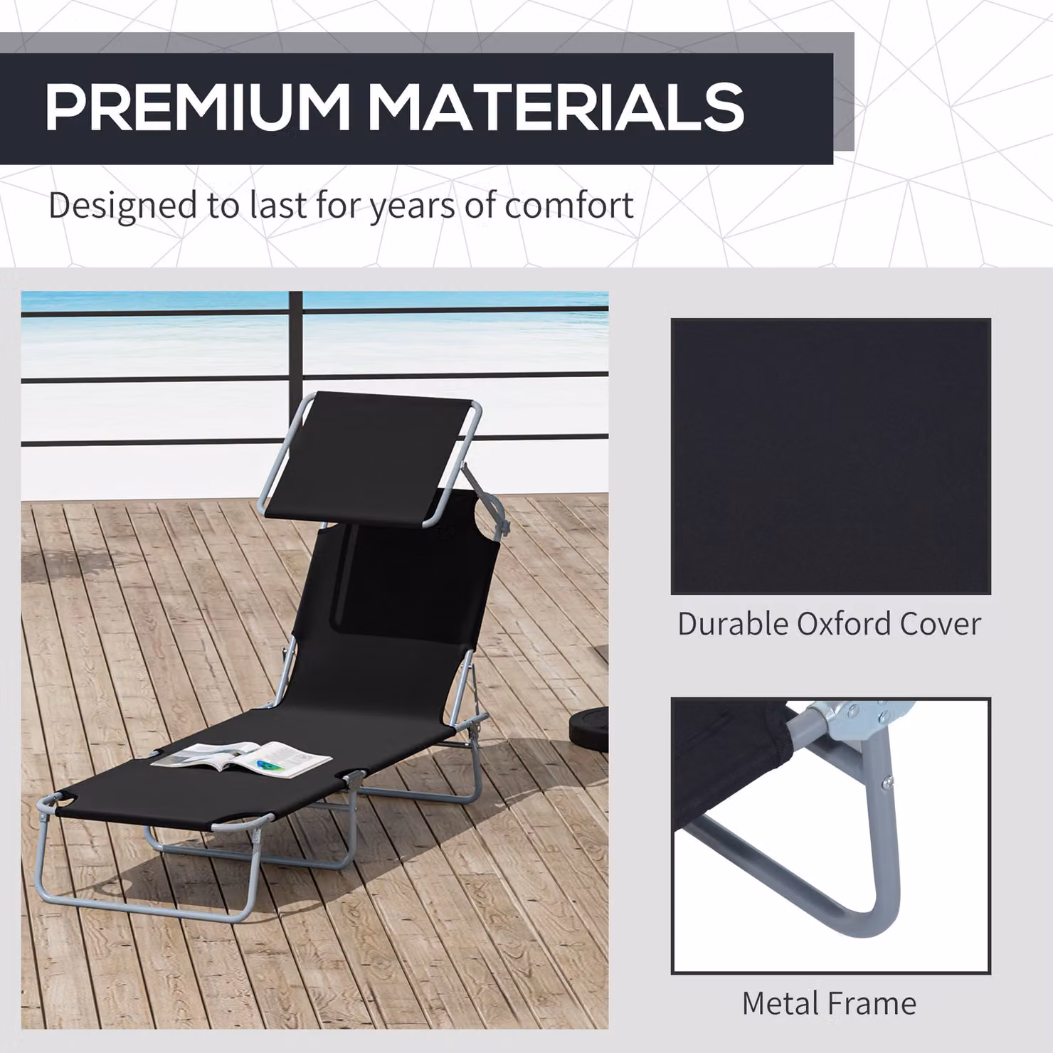 Outsunny 2 Piece Black Outdoor Foldable Sun Lounger Set with Removable Shade Canopy and Adjustable Backrest in Textilene Fabric – 7