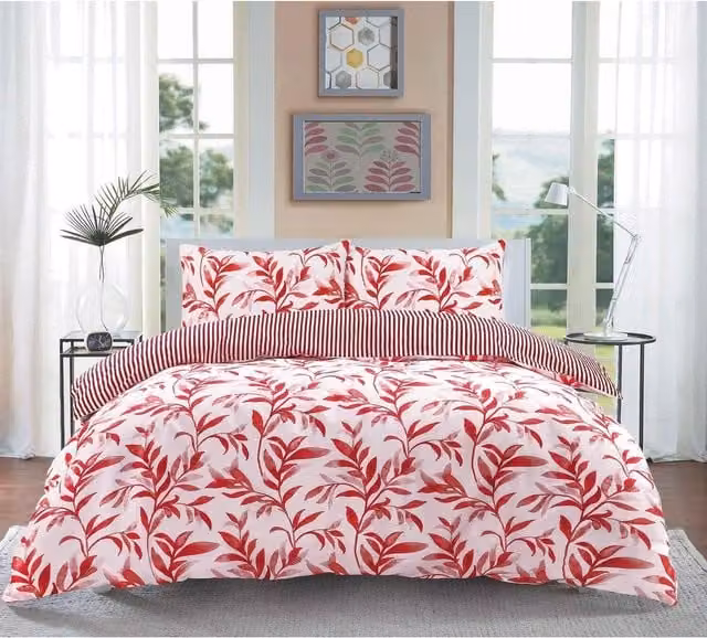 HomeSpace Direct Reversible Floral Watercolour Leaves Duvet Cover Set in Red and White, W/D/H: 180 x 200 cm