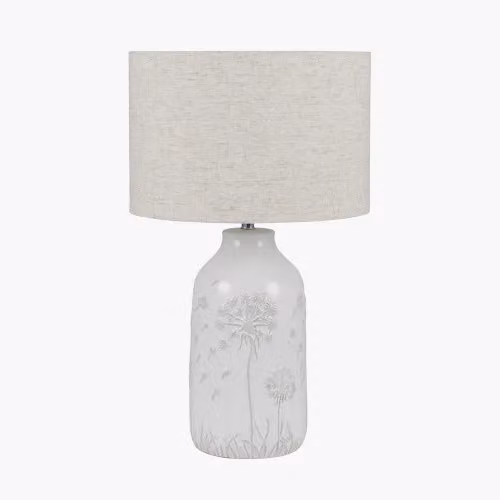Ruma White Dandelion Embossed Ceramic Table Lamp with Fabric Shade – 3