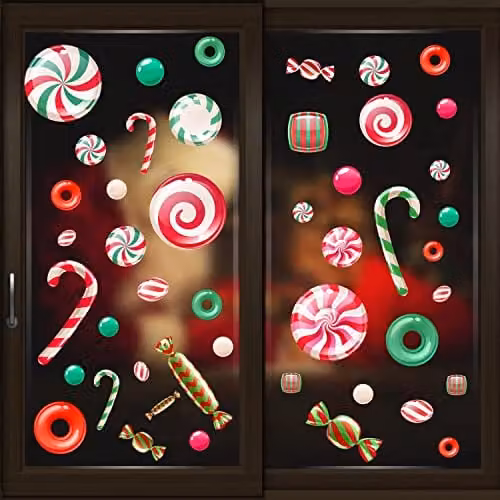 WALPLUS Reusable Double Sided Christmas Window Stickers with Peppermint Candy and Sweets Designs, 46 Pieces, Multicolour – 1