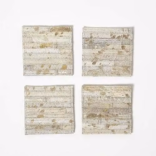 Homescapes Set of 4 Grey and Gold Square Leather Coasters, W/D/H: 10 x 10 x 10 cm – 1