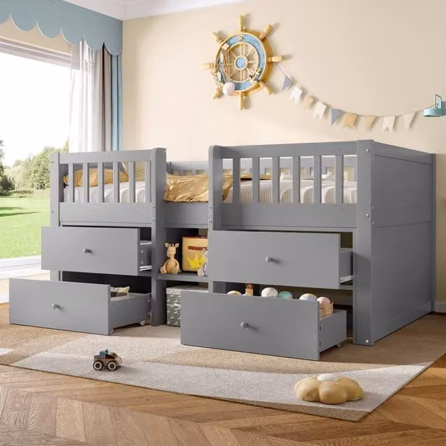 Matteo Low Loft Single Bed in Grey Solid Wood with Storage Drawers and Stairs – 1