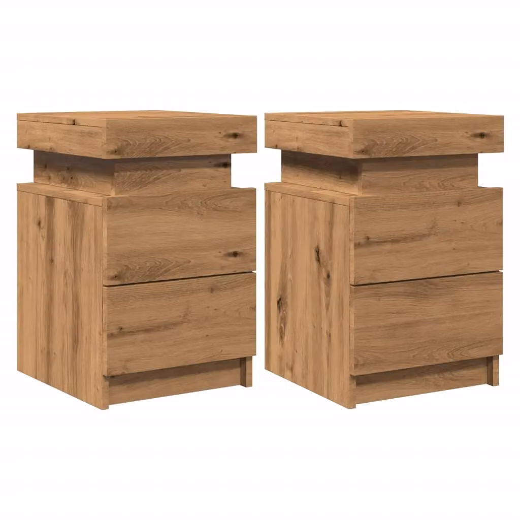 Berkfield Home Set of 2 Artisan Oak Bedside Cabinets with Integrated LED Lighting, Brown, W/D/H: 35 x 39 x 55 cm – 2