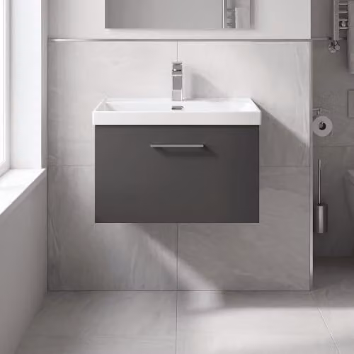 Balterley Pershall Contemporary Wall Hung 1 Drawer Vanity Unit with Thin Edge Ceramic Basin, Dark Grey, Width: 60 cm – 3
