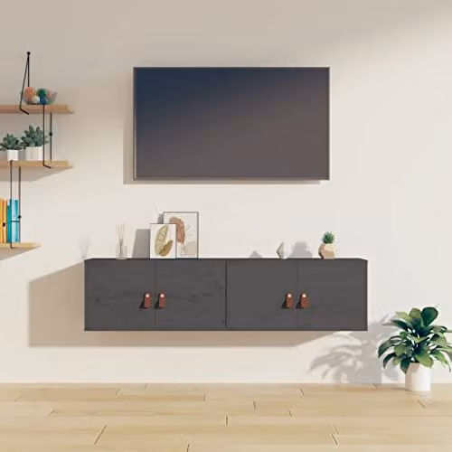 vidaXL Set of 2 Grey Scandinavian Wall Cabinets in Solid Pine Wood, W/D/H: 60 x 30 x 30 cm – 2