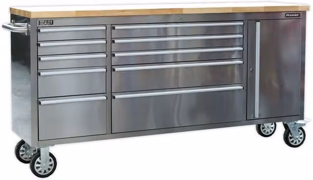 Loops Mobile Stainless Steel Tool Cabinet in Silver with 10 Drawers and Cupboard, W/D/H: 199 x 49 x 95 cm – 1