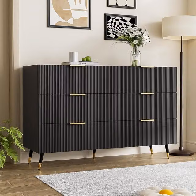 Aosom UK 6-Drawer Minimalist Sideboard with Wave-Textured Front and Metal Handles in Black and Gold, W/D/H: 120 x 40 x 77 cm – 1