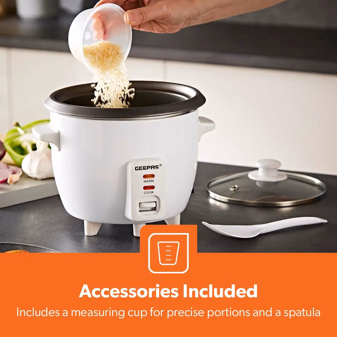Geepas White Rice Cooker with Vegetable Steamer and Non-Stick Inner Pot, 0.6 l – 6