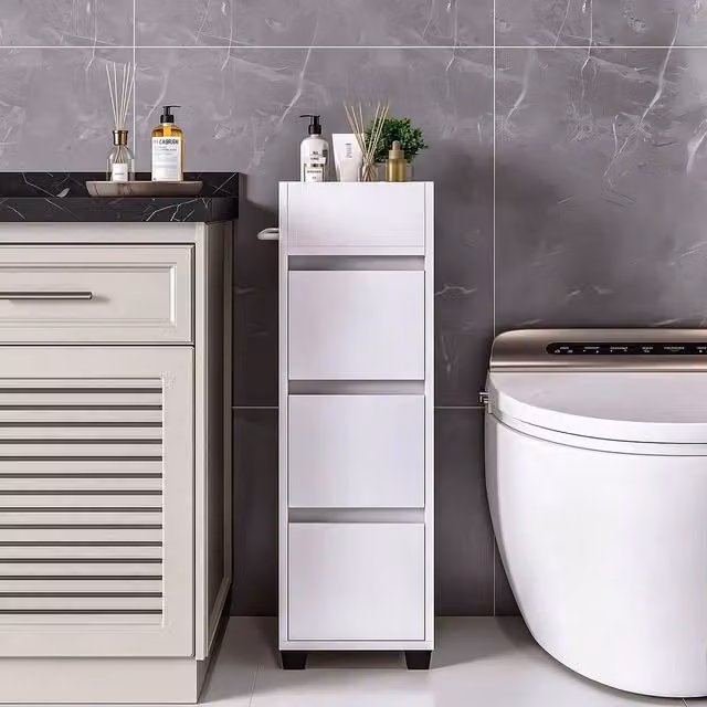 KORVIXA Narrow Freestanding Bathroom Cabinet in White with 3 Drawers and Internal Shelves, H 90.0 x W 30.0 x D 30.0 cm