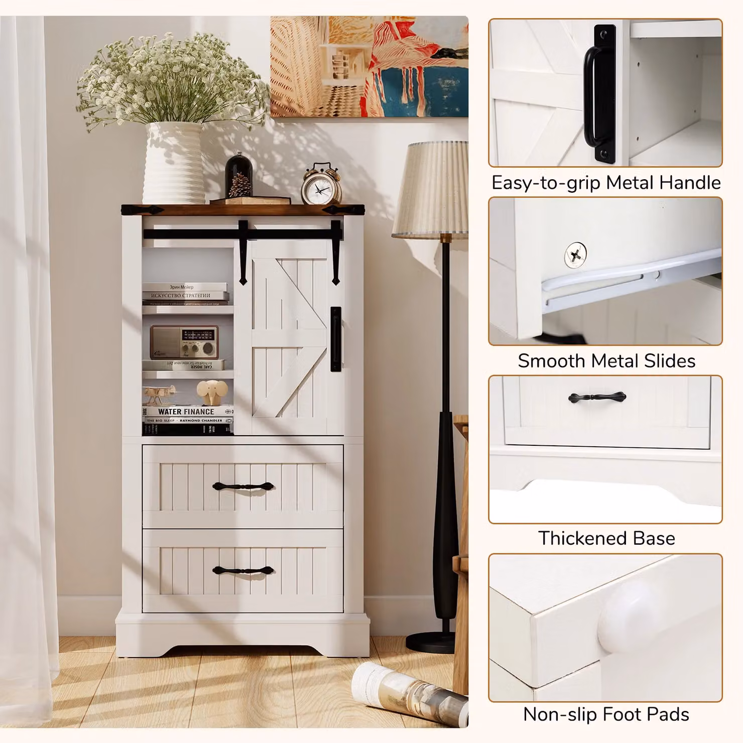 Gymax White Farmhouse Style Freestanding Bathroom Floor Cabinet with Sliding Doors, Internal Drawers and Shelves – 4