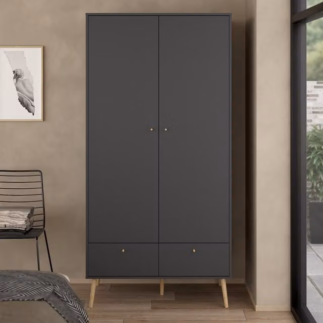 Furniture To Go Cumbria Wardrobe with 2 Hinged Doors, 2 Drawers and Internal Shelves in Matt Dark Grey