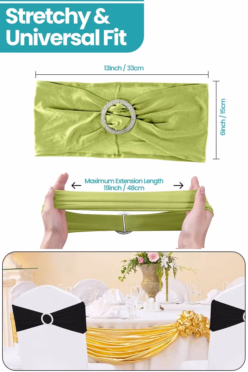 Neel Blue Spandex Chair Bands with Slider Buckle, 10-Piece Set of Stretchy Elastic Chair Sashes in Dark Olive