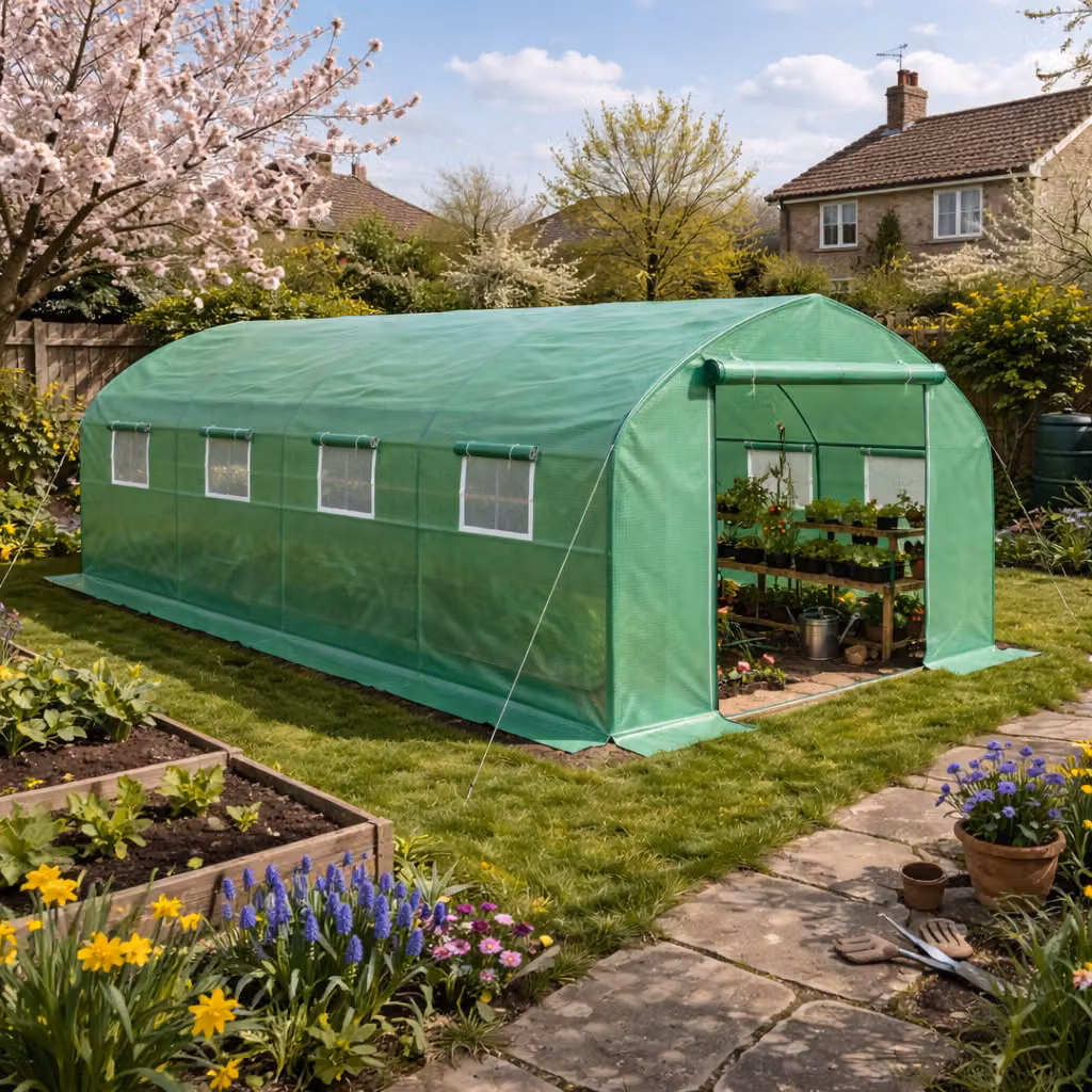 Outsunny Green Walk-In Garden Polytunnel Greenhouse with Steel Frame, Zippered Door and Roll-Up Windows, W/D/H: 600 x 300 x 200 cm – 2