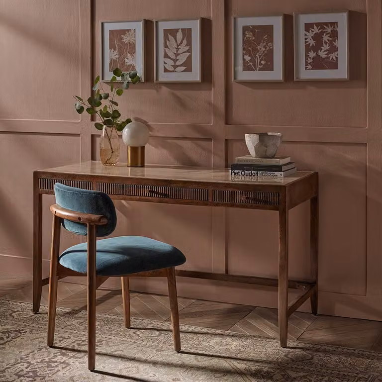Atkin & Thyme Mirabelle Travertine Writing Desk in Brown, W/D/H: 140 x 60 x 76 cm