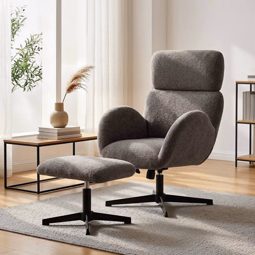 STILVORA Grey Velvet 360 Degree Swivel Armchair and Footstool Set with Metal Frame – 3