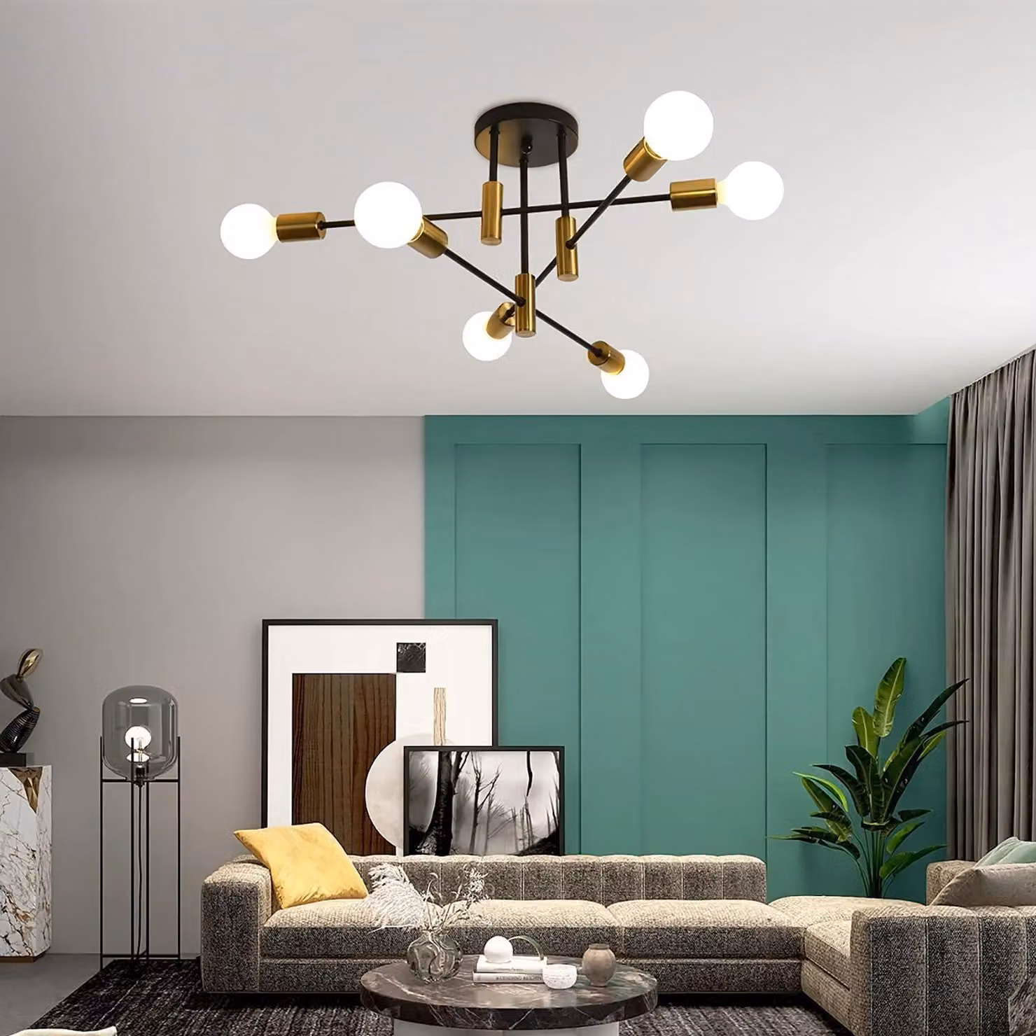 Garwarm Mid Century Industrial 6 Light Sputnik Ceiling Chandelier in Gold/Brass – 2