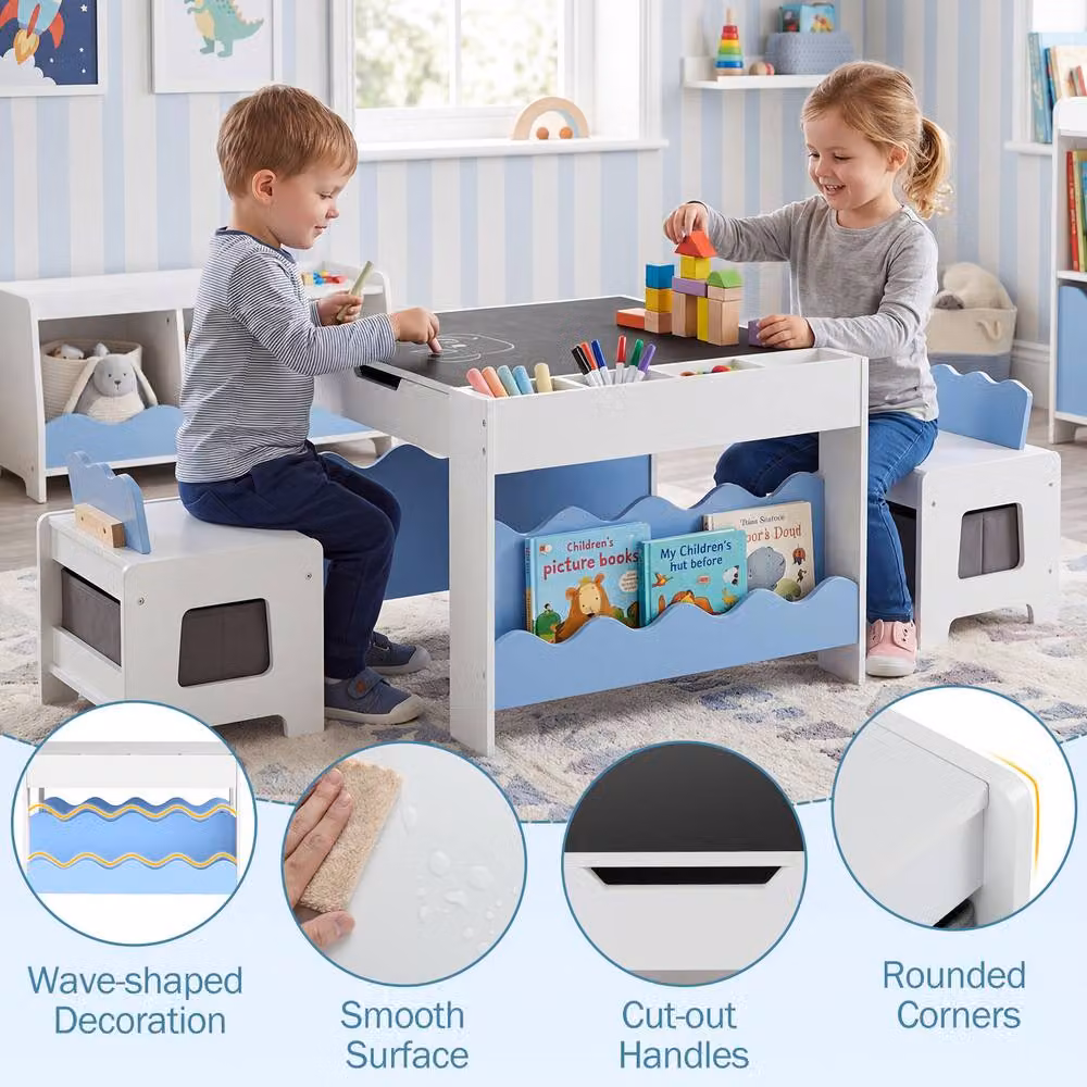 CASART Wooden Kids Table and Chairs Set with Chalkboard and Drawers in Blue – 8