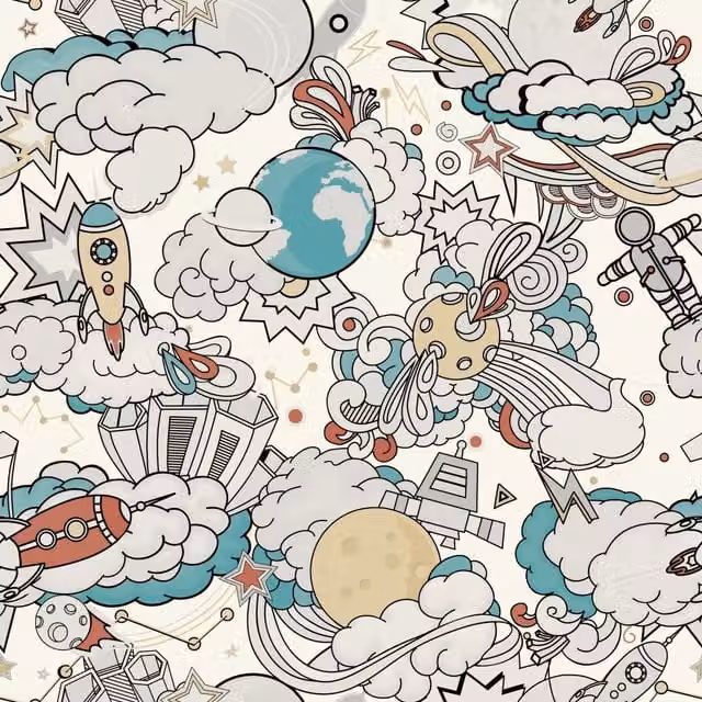 Grandeco Retro Comic Space Rocket Nursery Textured Wallpaper in Blue and Multicolour