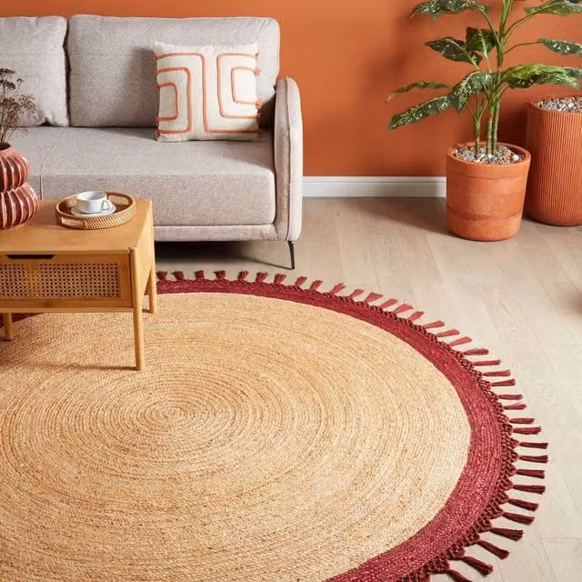 Wyld and Coco Round Jute and Cotton Braided Boho Rug in Beige and Red with Spiral Design, Diameter: 200 cm – 1