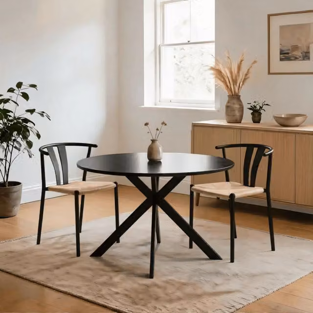Home Source Eira Round Dining Table and 2 Black Metal Chairs Set, Diameter: 120 cm