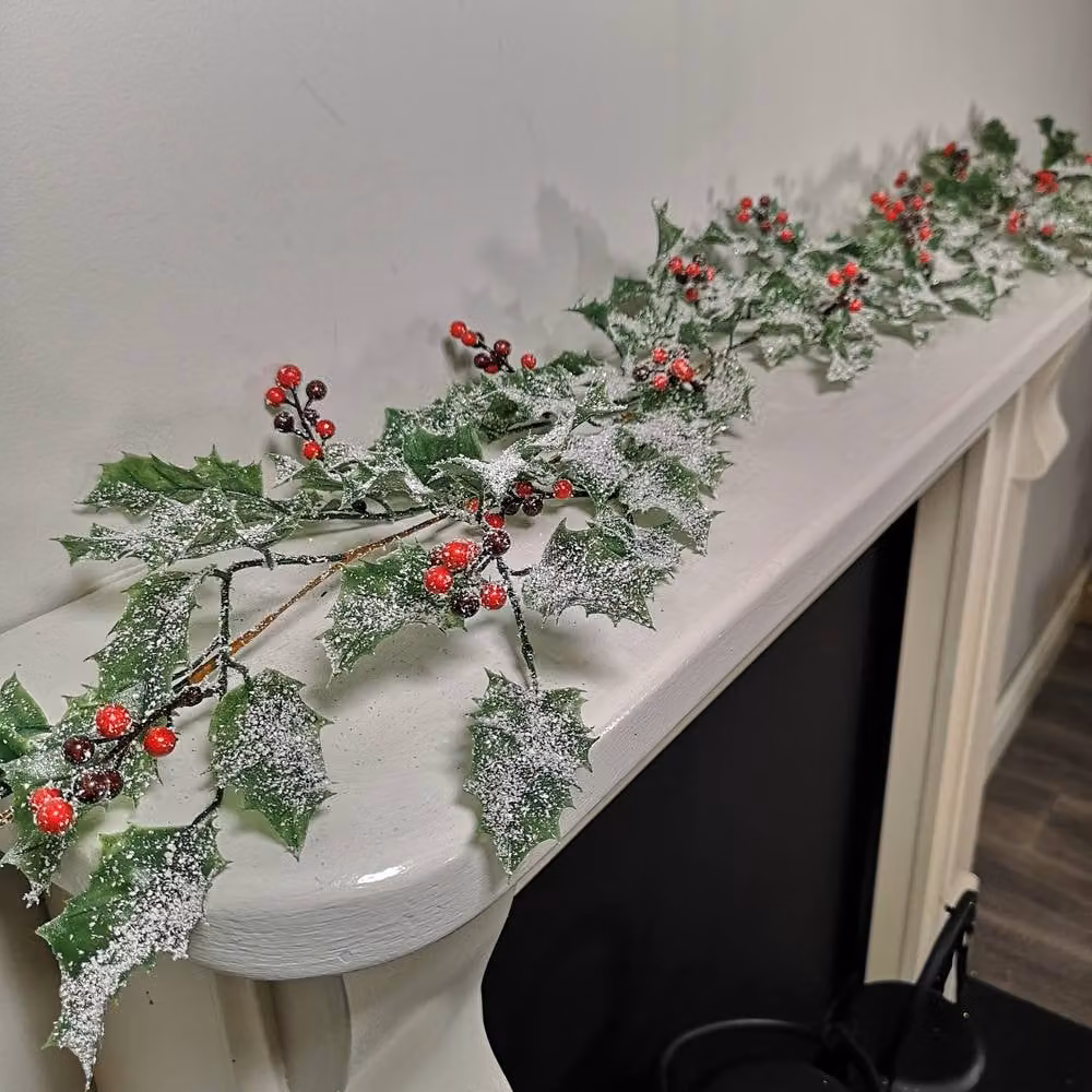 Samuel Alexander 1.8m Frosted Green Holly Leaf and Berry Glitter Christmas Garland Decoration – 3