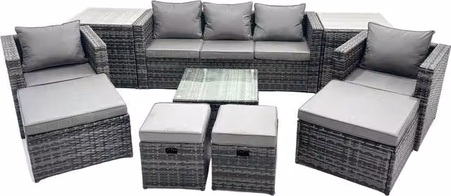 Fimous 9 Seater Patio Lounge Sofa Set with 2 Side Tables and 4 Footstools in Dark Grey