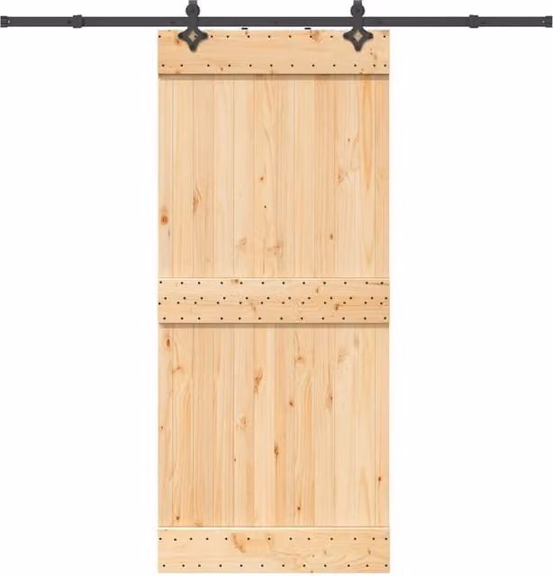 Berkfield Home Rustic Sliding Door with Hardware Set, Solid Wood and Steel, Brown, W: 90 cm, H: 210 cm