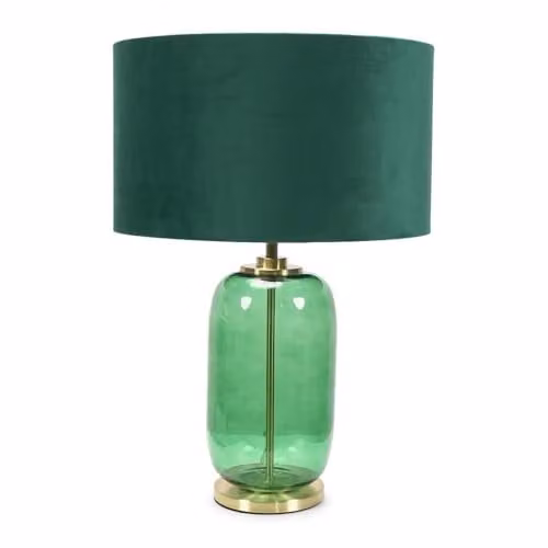 ValueLights Forest Green Glass and Gold Table Lamp with Fabric Drum Shade and LED Bulb – 1