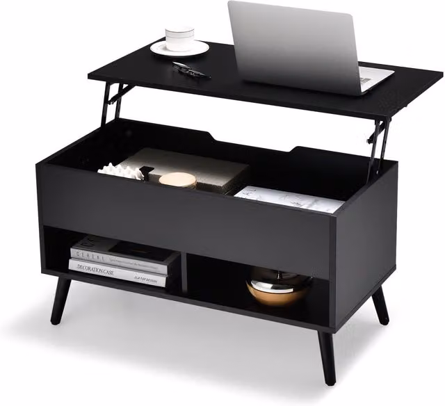 Gymax Modern Rectangular Lift Top Coffee Table with 2 Open Shelves in Black