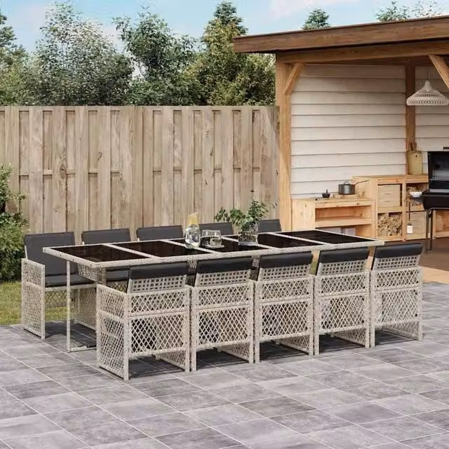 Berkfield Home 11 Piece Garden Dining Set with Light Grey Poly Rattan and Cushions – 1
