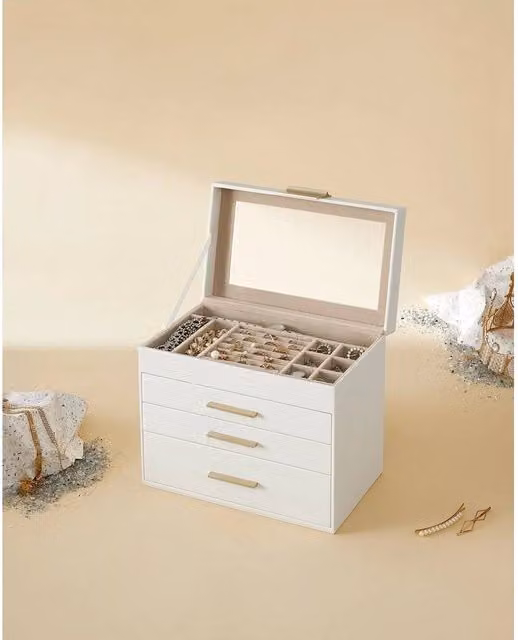 KORVIXA 4-Tier Jewellery Box with Glass Lid in White and Gold – 1
