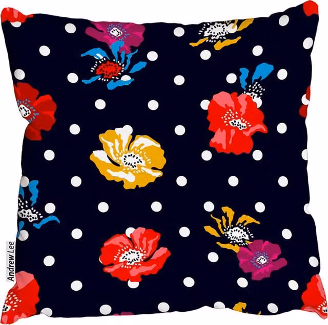Andrew Lee Poppies On Dark Dotted Background Square Cushion, Black, W/D/H: 60 x 60 x 1 cm