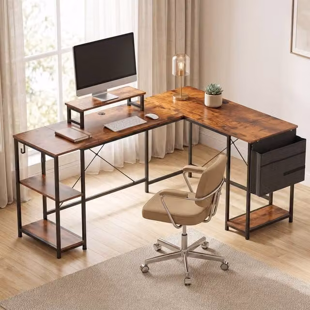 STILVORA Industrial Computer Desk with Monitor Stand and Storage in Brown