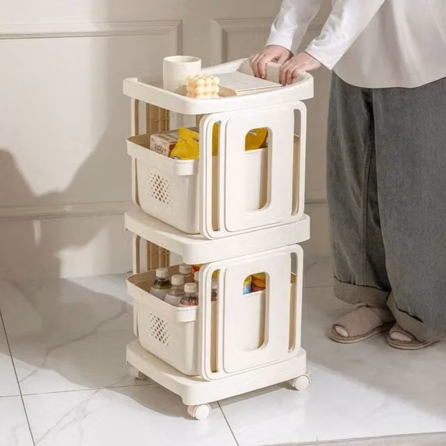 KORVIXA 2-Basket Multi-Purpose Storage Trolley in Beige – 1