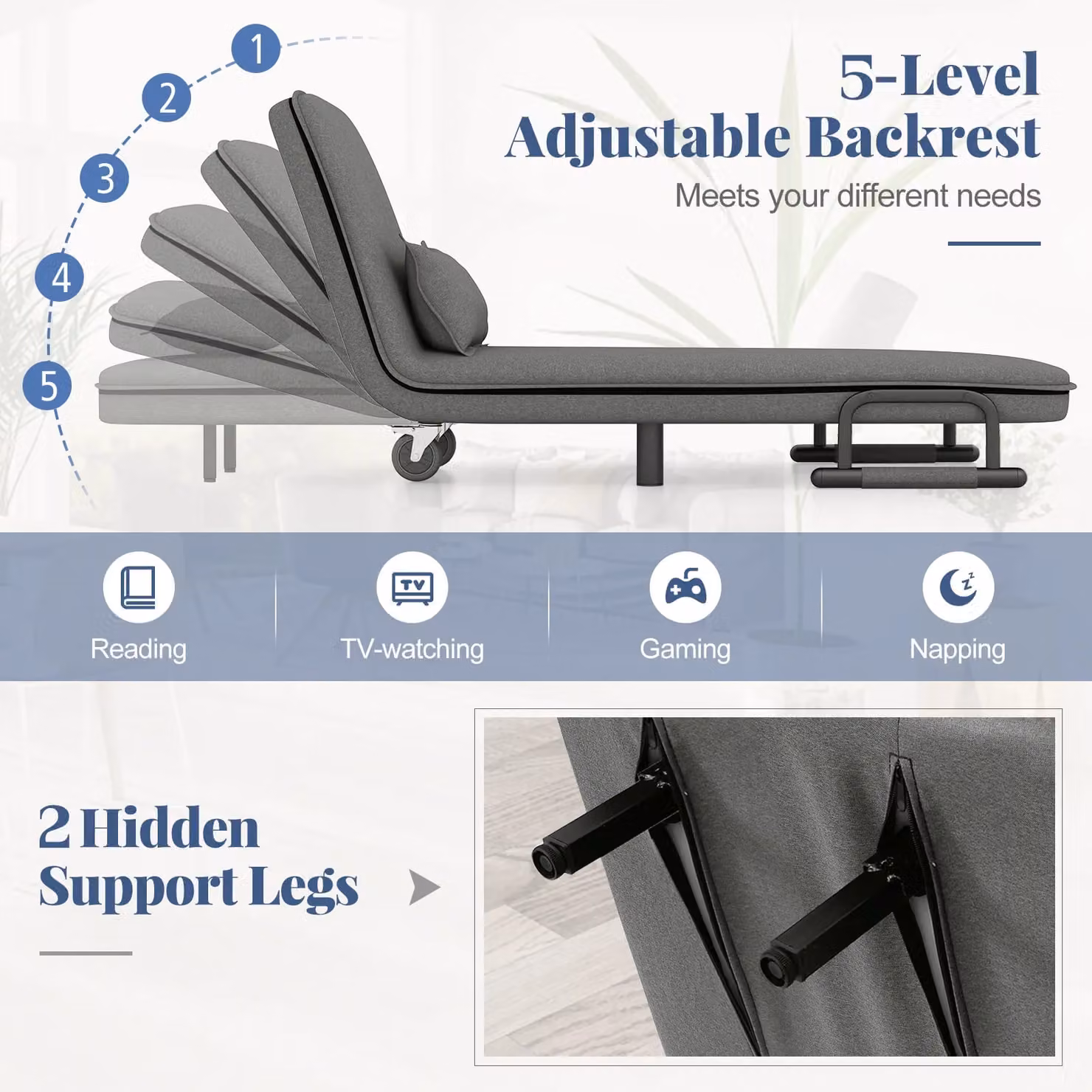 Costway 3-in-1 Convertible Sofa Bed Sleeper Chair with Lumbar Pillow in Dark Grey – 7