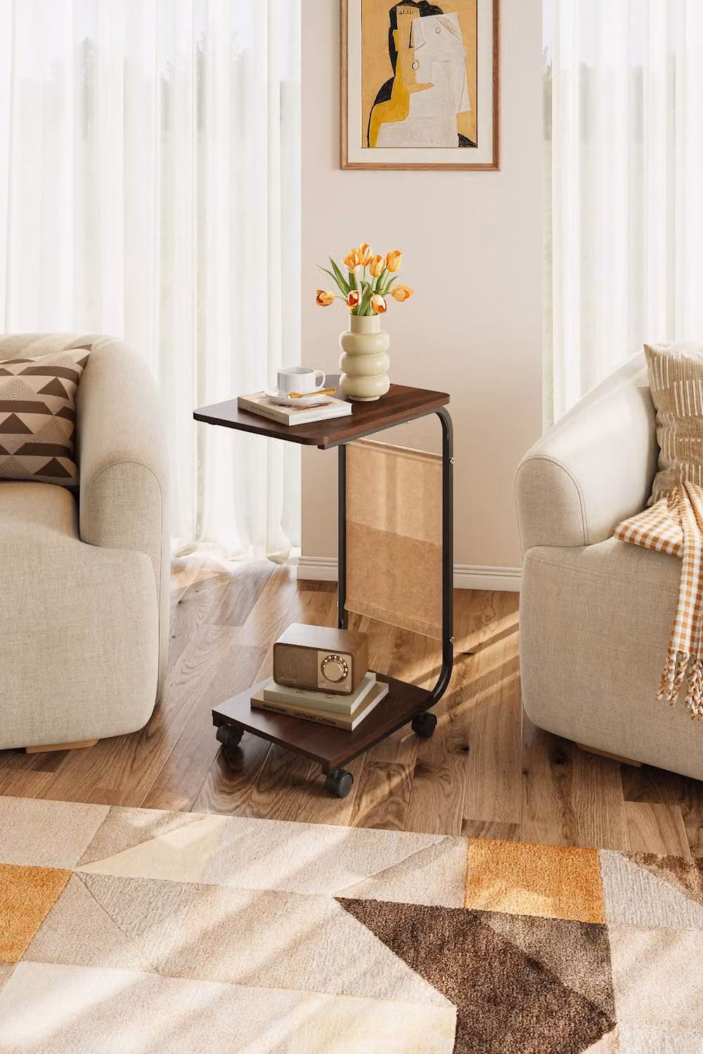 H&O Direct Modern C-Shaped Side Table with Storage Bag in Brown Walnut Finish – 2