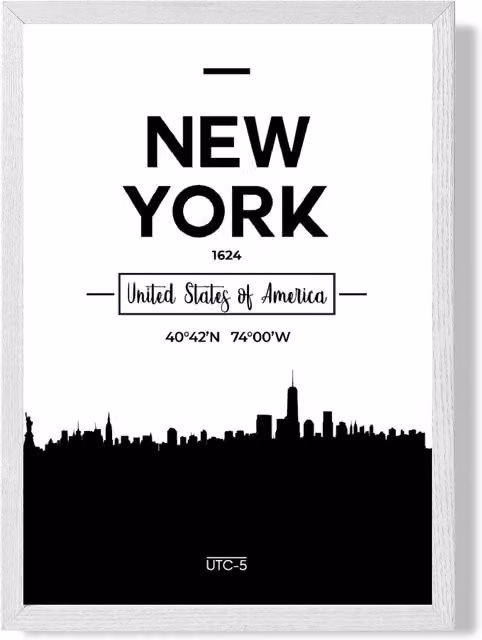 ARTZE New York Black and White City Skyline Framed Paper Print with White Frame