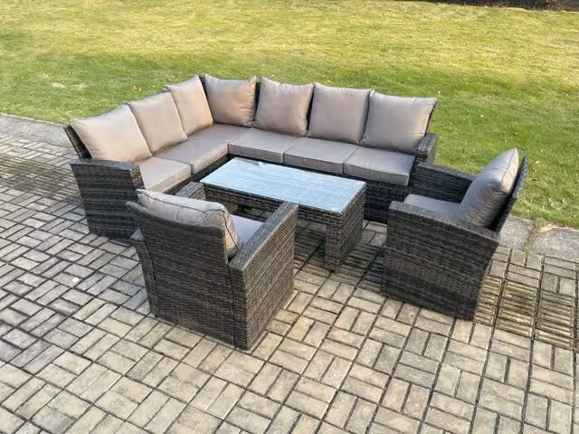 Fimous 8 Seat Rattan Garden Furniture Set with L-Shape Corner Sofa, Coffee Table and Upholstered Cushions in Grey