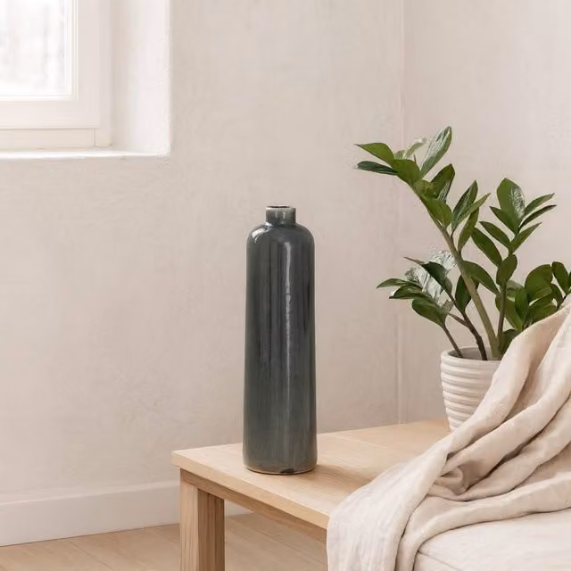 Wyld Haus Bloomwood Grey Glazed Tall Round Ceramic Vase with Crackle Effect, H 50.0 cm x W 15.0 cm x D 15.0 cm
