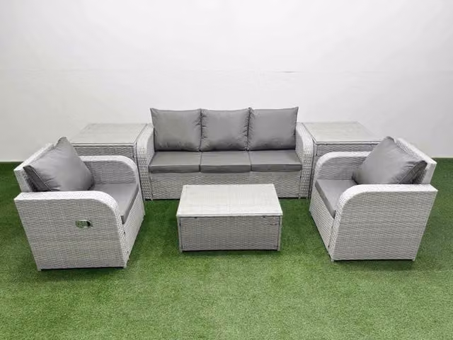 Fimous PE Rattan Garden Furniture Set in Light Grey with 3-Seater Sofa, Reclining Armchairs, Oblong Coffee Table and 2 Side Tables