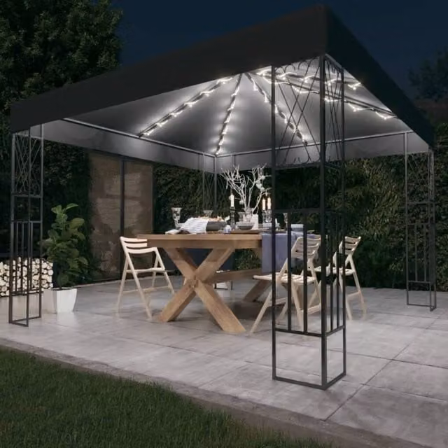 Berkfield Home Gazebo with LED String Lights, Anthracite and Black, W/D: 3 x 3 m – 1