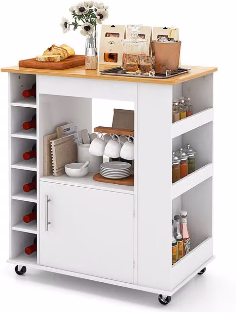 COSTWAY Modern White Dining Cart with Wood and Bamboo Finish